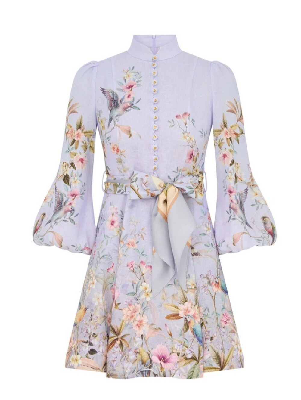 Zimmermann Lavender Floral Tie-Waist Mini Dress